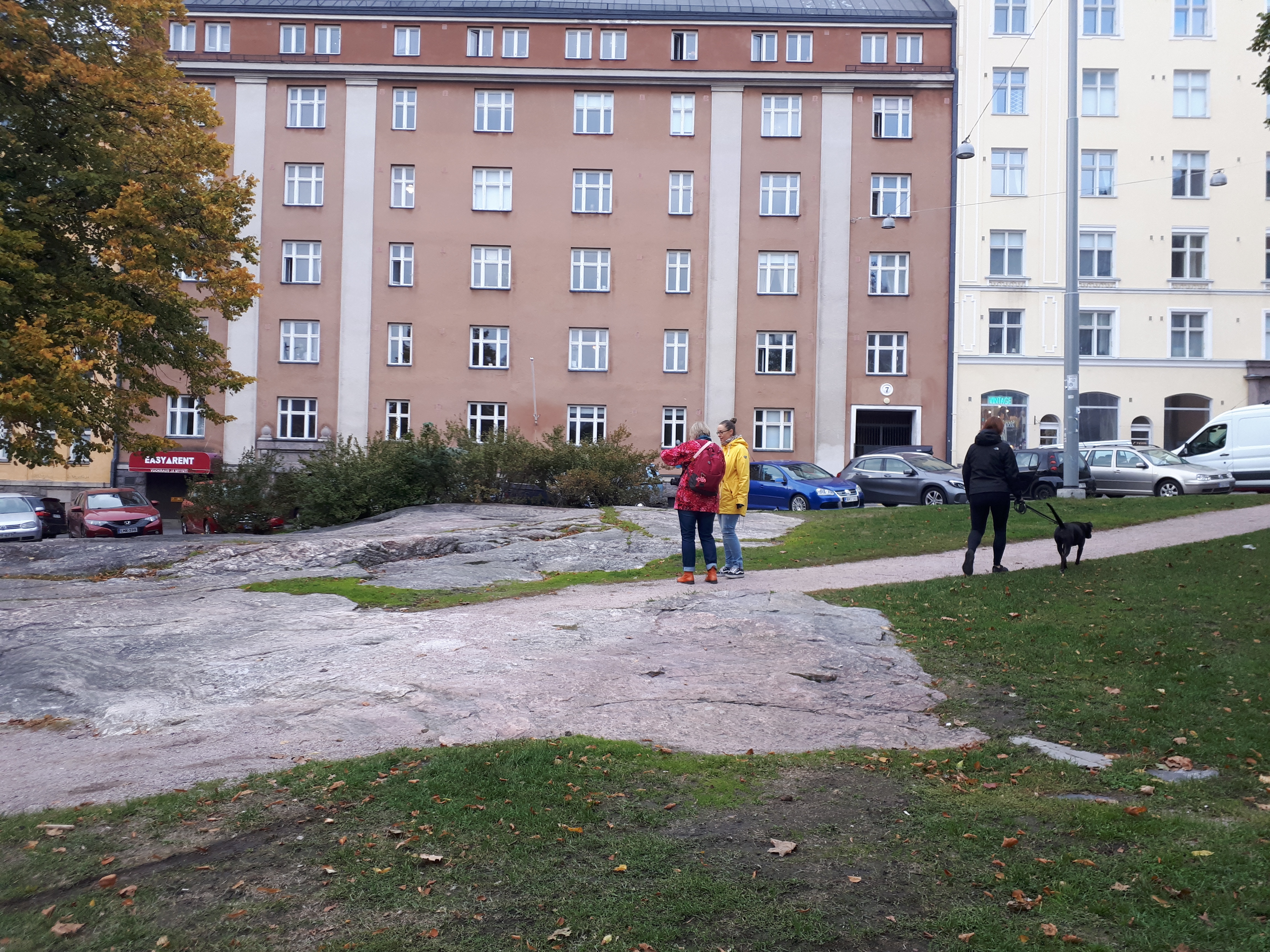 Oppilaita luokkakuvassa kallioilla Porthaninkadun varrella (nyk. Matti Heleniuksen puisto), taustalla Agricolankatu 9 ja 7 sekä halkopinoja. rephoto