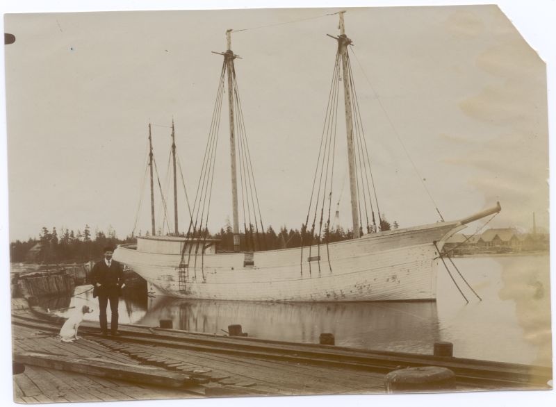 Foto. Heiskamata purjedega kaljas ankrus sadamasilla lähedal. Sillal seisab mees koeraga.