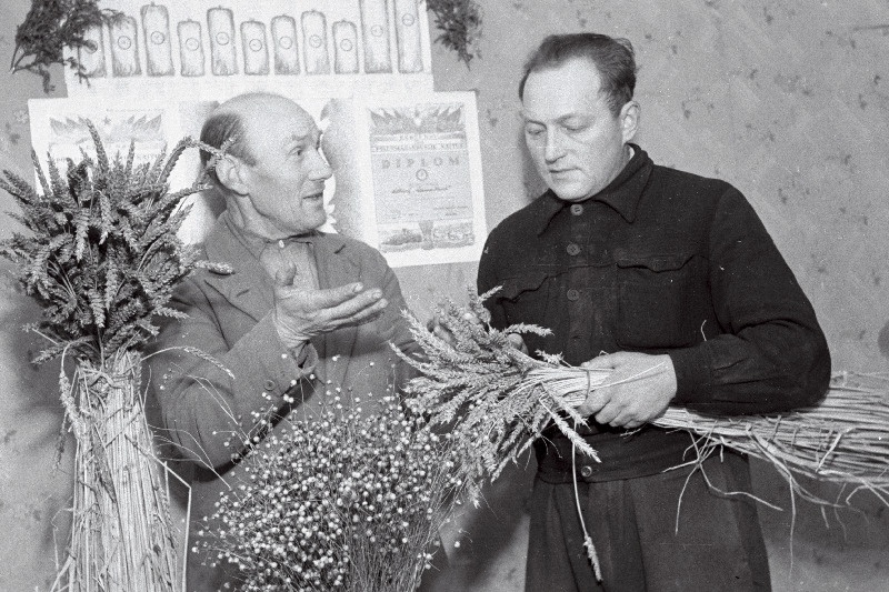 Nõo valla „Ühendatud Jõu“ kolhoosi brigadirid J. Hendrikson (vasakul) ja A. Peep vestlemas.