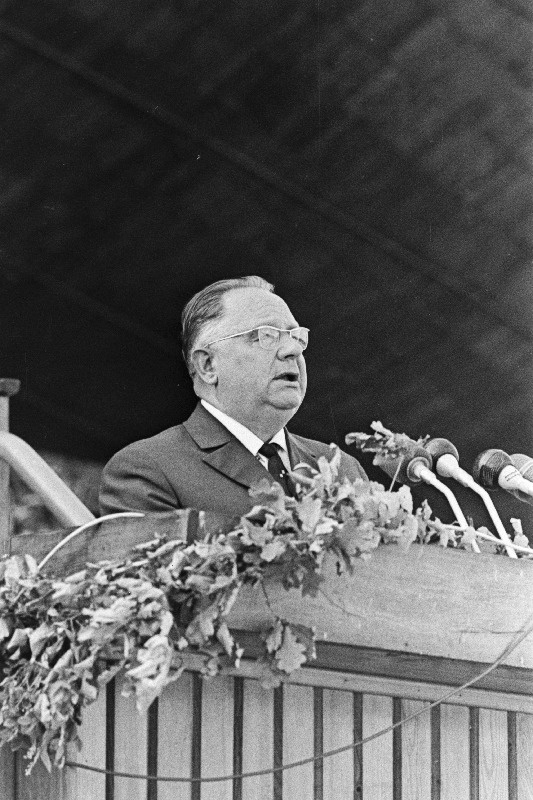 Eesti NSV XVII üldlaulupeo Tallinna Lauluväljakul avab EKP Keskkomitee esimene sekretär Johannes Käbin.