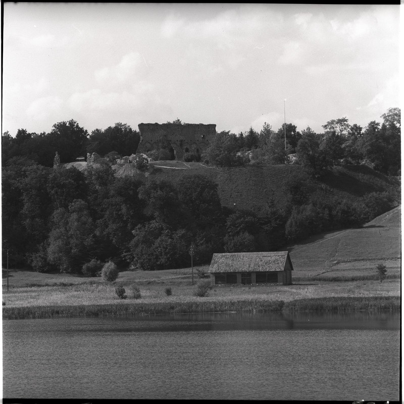 Viljandi järv, esiplaanil maja, taustal lossivaremed