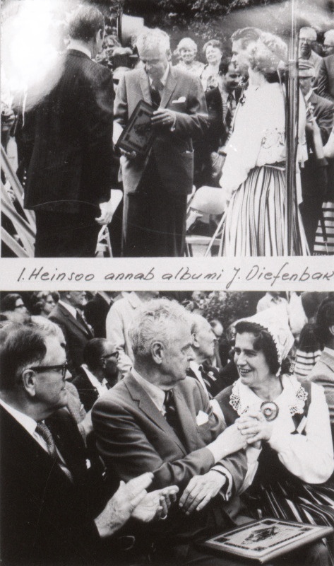 ESTO (ülemaailmsed eesti kultuuripäevad) Torontos.Fotomintaaž avamiselt.Ülemisel pildil annab I.Heinsoo albumi J.Diefenbakerile, alumisel fotol vasakult E.Jaakson, J.Diefenbaker ja M.Laansoo.