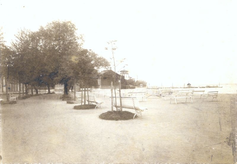 Foto. Suur Promenaad Haapsalus. Esiplaanil pingid ja noored puud, taga kõlakoda. 20. saj algus.