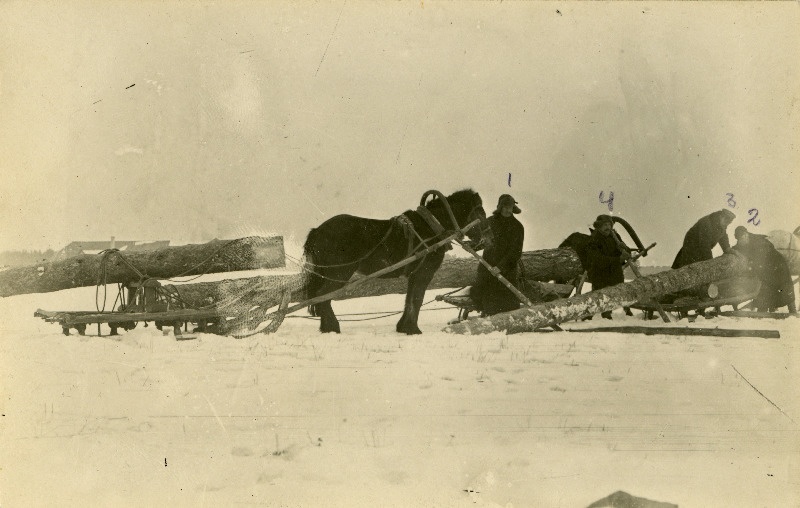 Köstreaseme talu perepoeg Otto Jansen (vasakult), Koibu talu peremees August Jansen, Pärdi talu peremees Aleksander Lindvers ja Toodja talu peremees August Sitronlich veavad esimesi palke Hageri Hariduse-ja Kooliseltsi hoone ehitamiseks.