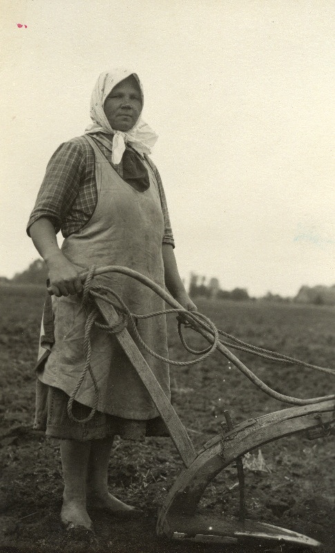 Muhu naine Marie Kask seaninaga künnil Kuke talus. Hellamaa küla.