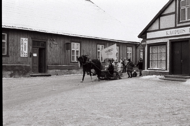 Vastlapäev Valuoja kaldapealsel. Viljandi Kunstnike ühenduse ja linnavalituse võistlus kelgutamises (Laululväljakul).