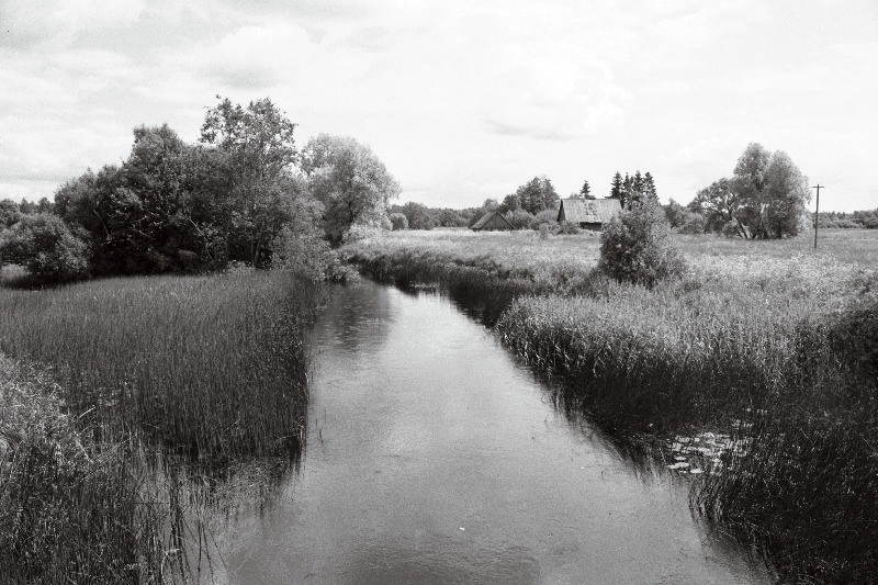 Vaade Läti sillalt Haljaste jõele Tipu külas (endine Läti küla), paremal Sonni talu hooned.