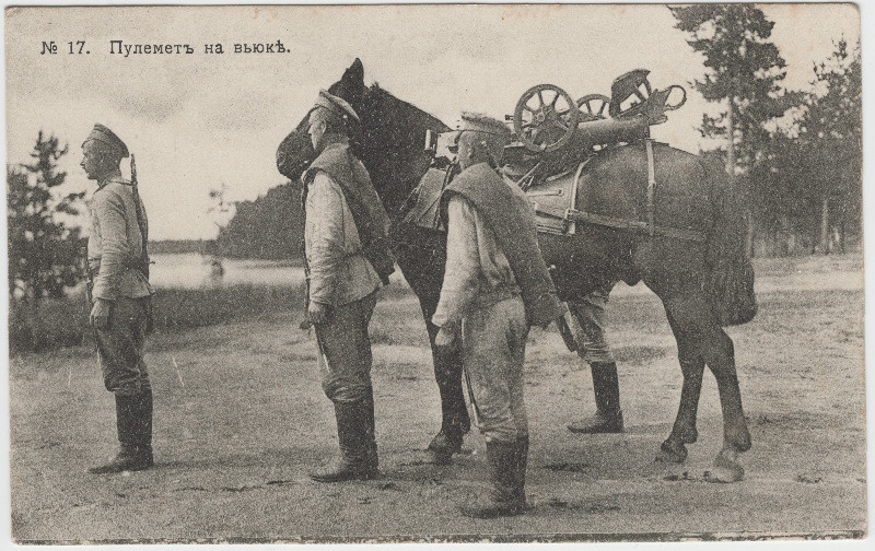 Sõdurid koos kuulipildujat kandva hobusega maastikul