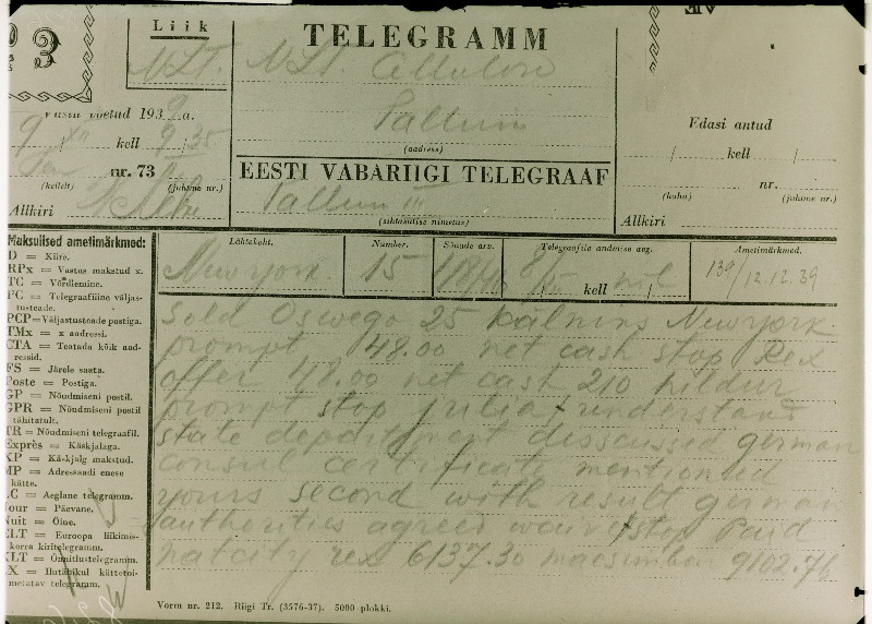 Telegramm New York´ist Tallinna Tselluloosi vabrikule.