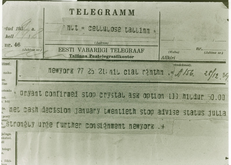 Telegramm Tallinna Tselluloosivabrikule New York´ist.