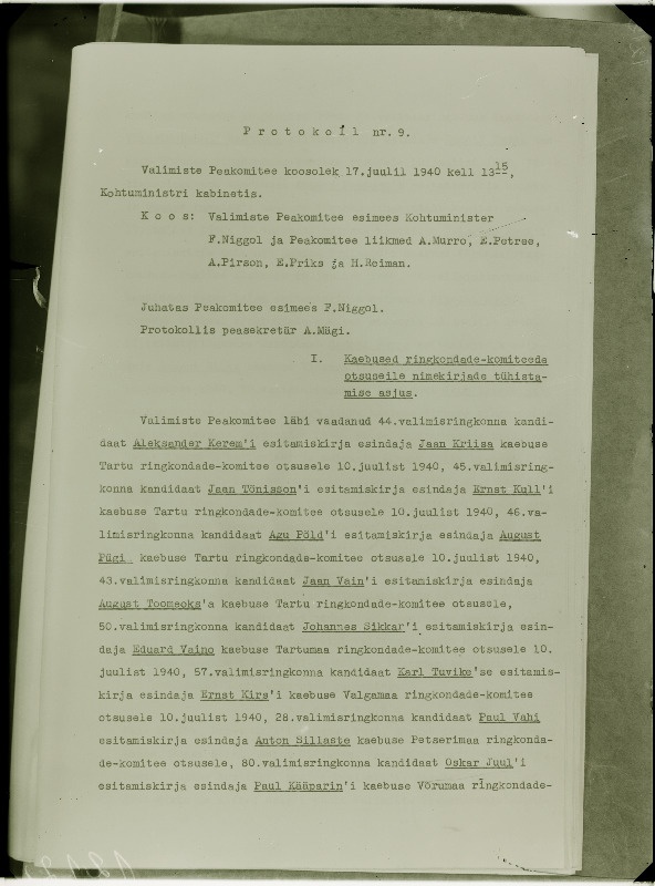 Riigivolikogu valimiste peakomitee koosoleku protokoll 17. juulist 1940.a.