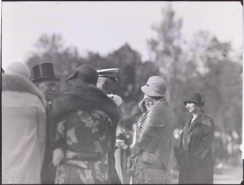 Rootsi kuningas Gustav V daamidega vestlemas.