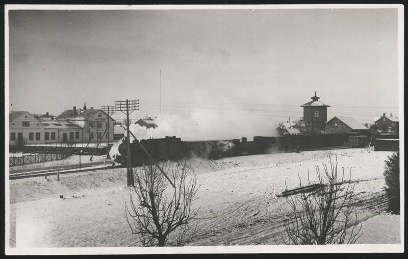 fotopostkaart, Pilistvere khk, Võhma, raudtee, rong, majandusühisuse hoone, talv, u 1938
