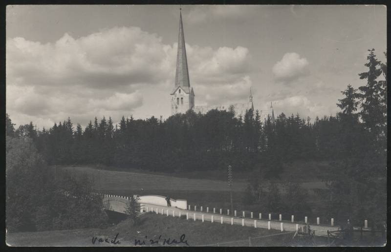 fotopostkaart, Tarvastu khk, Tarvastu sild, eemal kirik, u 1930, foto E. Ilves