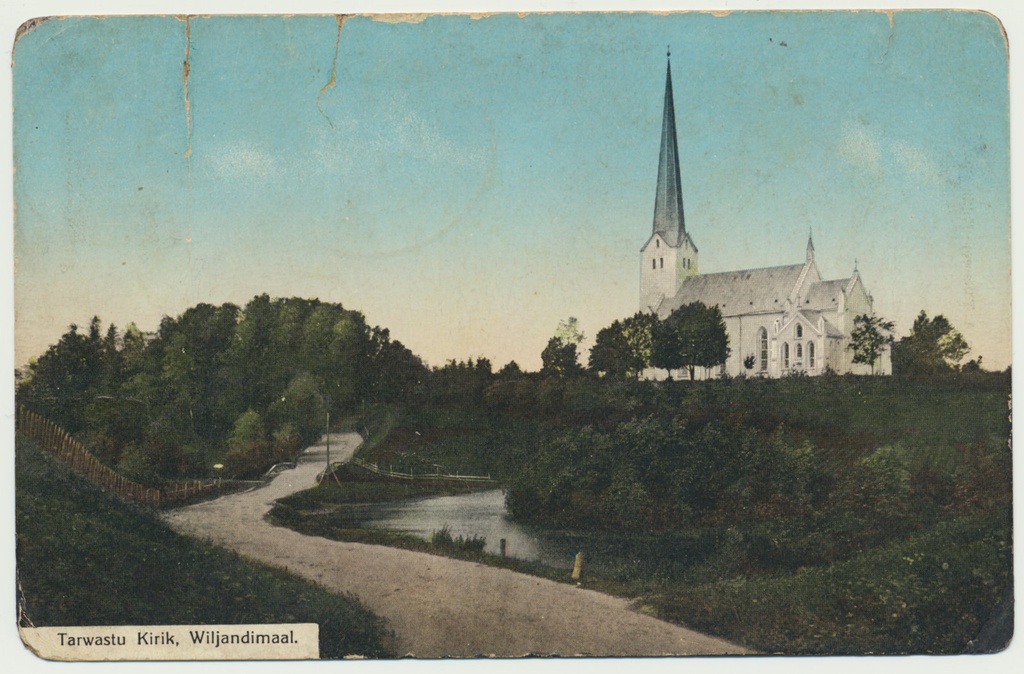 trükipostkaart, koloreeritud, Viljandimaa, Tarvastu kirik, u 1910, kirjastaja A. Tõllasepp