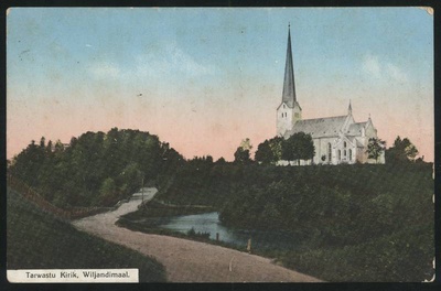 trükipostkaart, Tarvastu khk, Tarvastu kirik, koloreeritud, u 1905, A. Tõllassepa trükk (Fellin)  duplicate photo