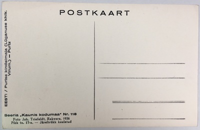 Fotopostkaart sarjast "Kaunis kodumaa" Nr. 118 (tagakülg) - Foto: Carl Sarap (1893-1942)  duplicate photo