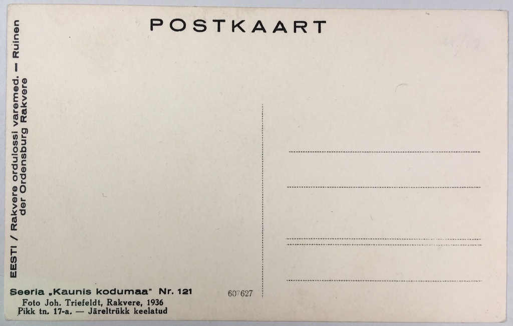 Fotopostkaart sarjast "Kaunis kodumaa" Nr. 121 (tagakülg) - Foto: Carl Sarap (1893-1942)