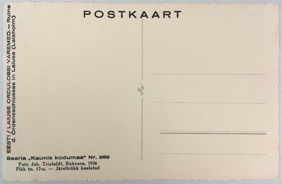 Fotopostkaart sarjast "Kaunis kodumaa" Nr. 289 (tagakülg) - Fotopostkaart Rene Viljati erakogust  duplicate photo