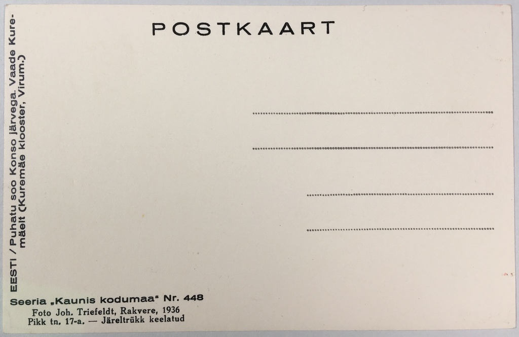 Fotopostkaart sarjast "Kaunis kodumaa" Nr. 448 (tagakülg) - Fotopostkaart Rene Viljati erakogust