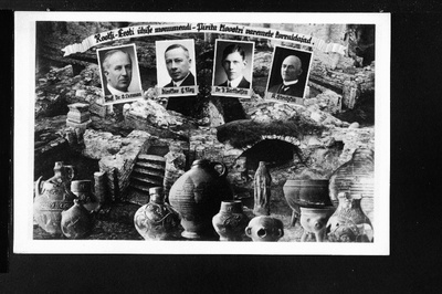 Pirita kloostri kaevamistööde teostajad professor dr. S. Lurman, direktor G. Ney, dr. B. Berthelson ja A. Strutskin. Kaevandamisel leitud anumad.  duplicate photo