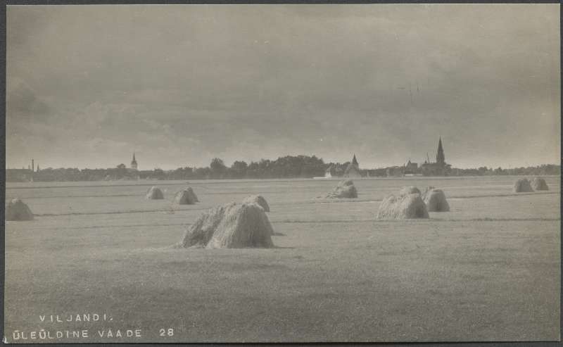 fotopostkaart, Viljandi, linn kirdest, paremalt Pauluse koguduse, Vennaste koguduse, Jaani koguduse kiriku torn 1915, foto J. Riet