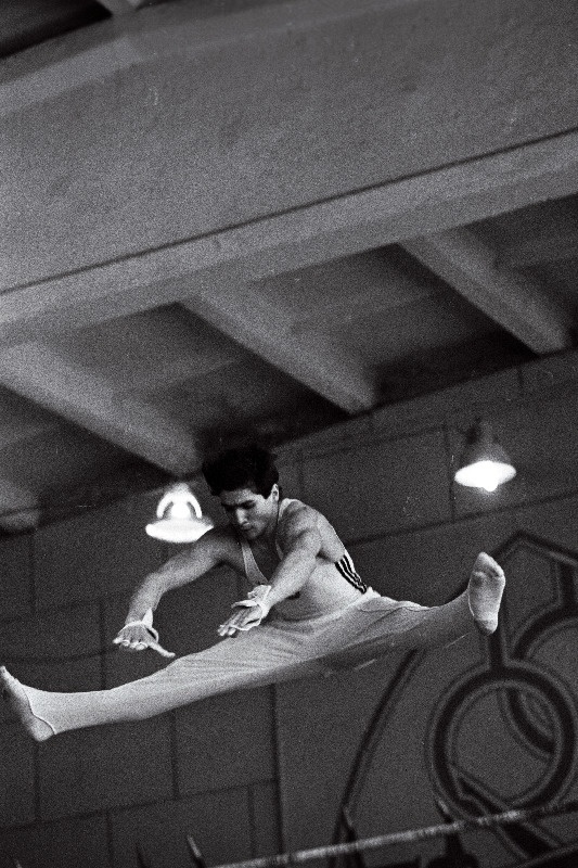 Tööjõureservide üleliidulistel meistrivõistlustel sportlikus võimlemises sooritab kangiharjutust Andrei Denissenko.