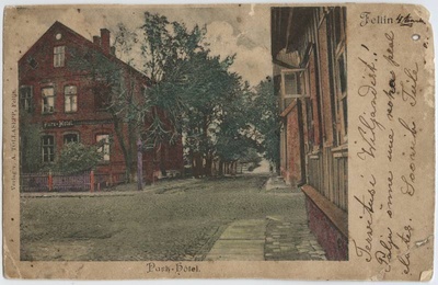 trükipostkaart, Viljandi, Lossi tn- Posti tn ristmik, hotell Park, koloreeritud, u 1903, Verlag von A. Tõllasepp  duplicate photo