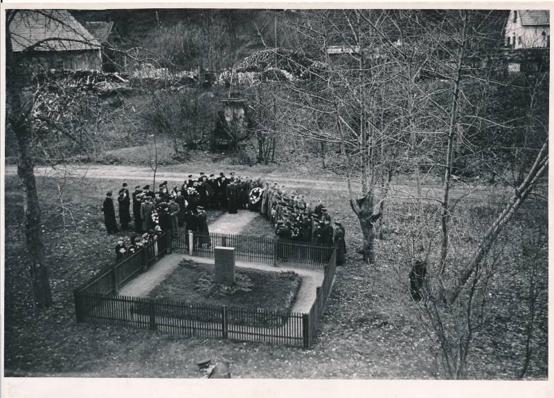 Tartu töötajate rongkäik. Pärgade asetamine revolutsiooni ohvrite hauale Raadi kruusaaugus. 7.11.1956.