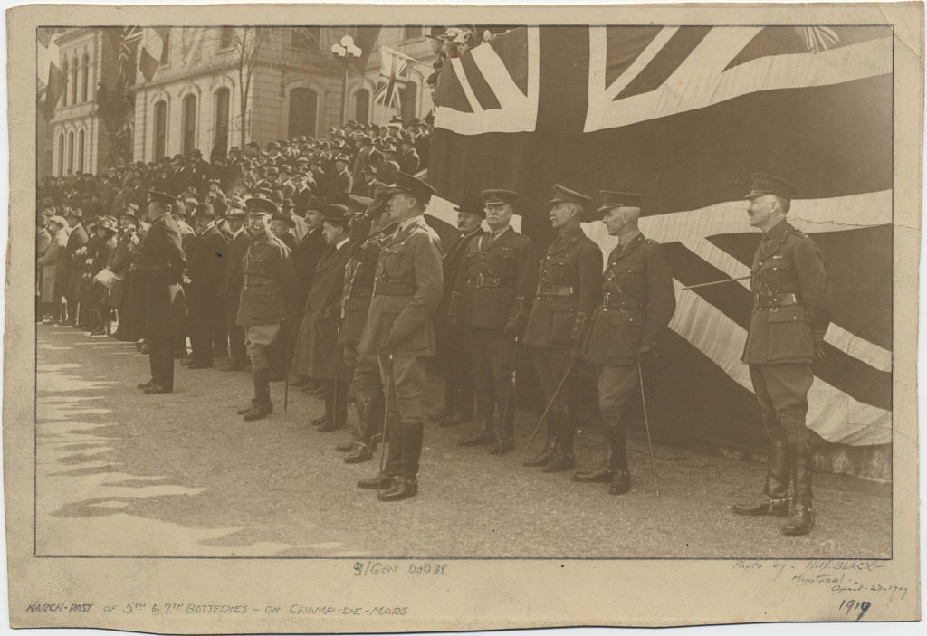 March-past of the 5th and 7th Batteries C.F.A., Montreal, April 23, 1919 (Brigadier General Dodds taking the salute)