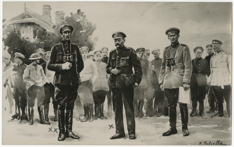 Landeswehri sõda, Eesti rahvaväe juhid Karl Parts, Ernst Põdder ja Nikolai Reek Rodenpoisis, repro Maximillian Maksolly maalist "Landeswehri purustajad"