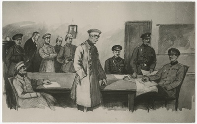 Landeswehri sõda, Eesti ja Landeswehri vahelise vaherahu allkirjastamine Strasdenhofis (Strazdumuižas) 03.07.1919, repro joonistusest  duplicate photo