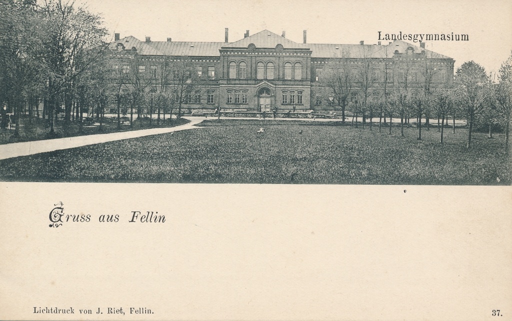 trükipostkaart, Viljandi, Uueveski tee 1, Liivimaa Maagümnaasium, hoone u 1905, trükk ja foto J. Riet