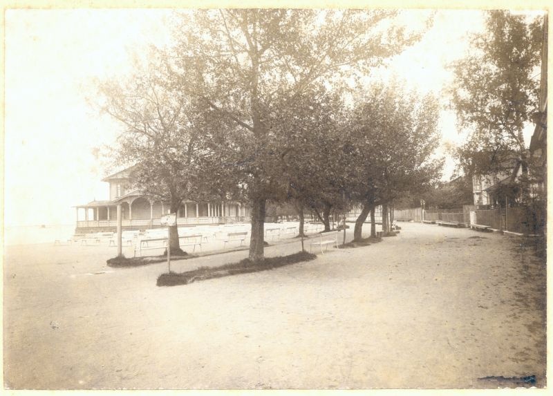 Foto. Haapsalu. Vaade Kuursaalile läänest piki Suurt Promenaadi. Esiplaanil puiestik hulga valgete pinkidega. 20. saj algus.