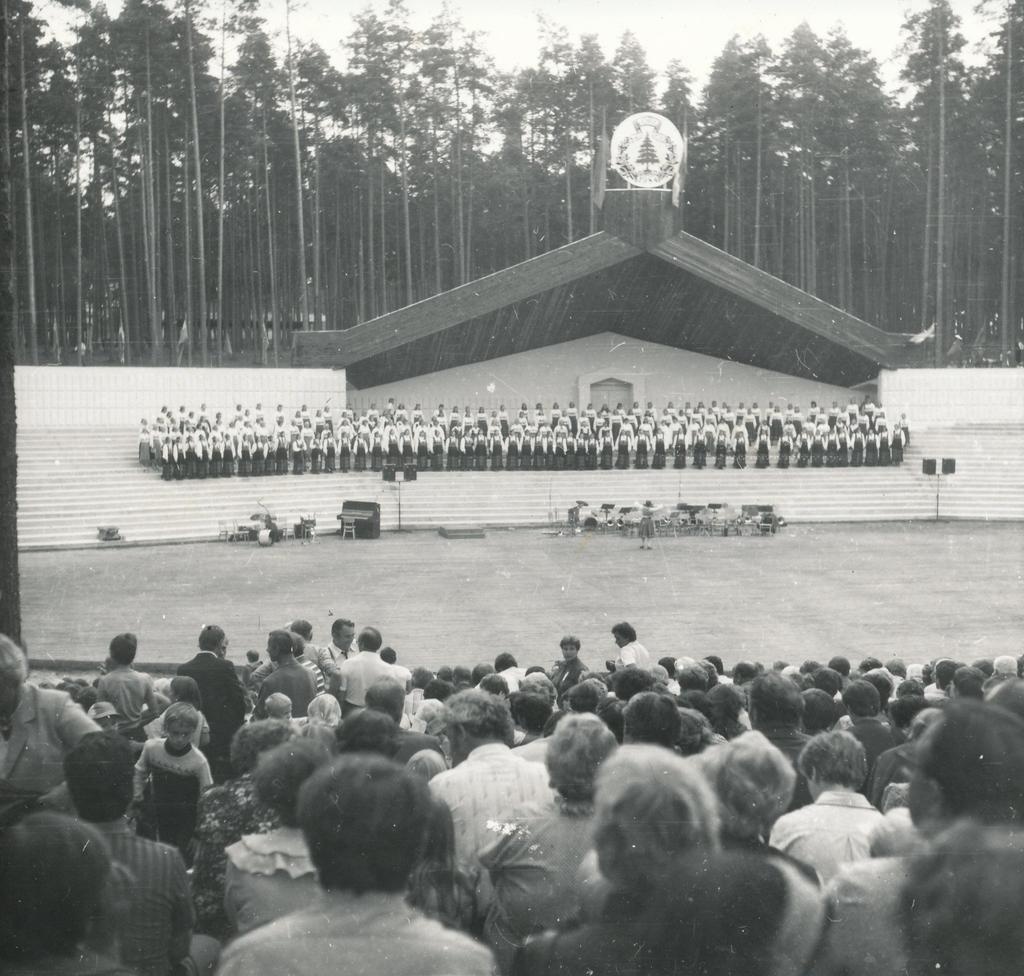 Foto ja negatiiv. Võru rajooni rahvakunsti- ja sõprusõhtu 12. augustil 1984.a. Kubija uuel laululaval, laval ühendnaiskoorid.