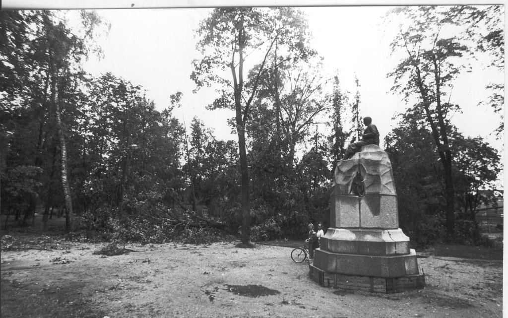 Foto. Paduvihm ja raju Võrus 3.juulil 1988.a. , räsitud park Kreutzwaldi ausamba juures.