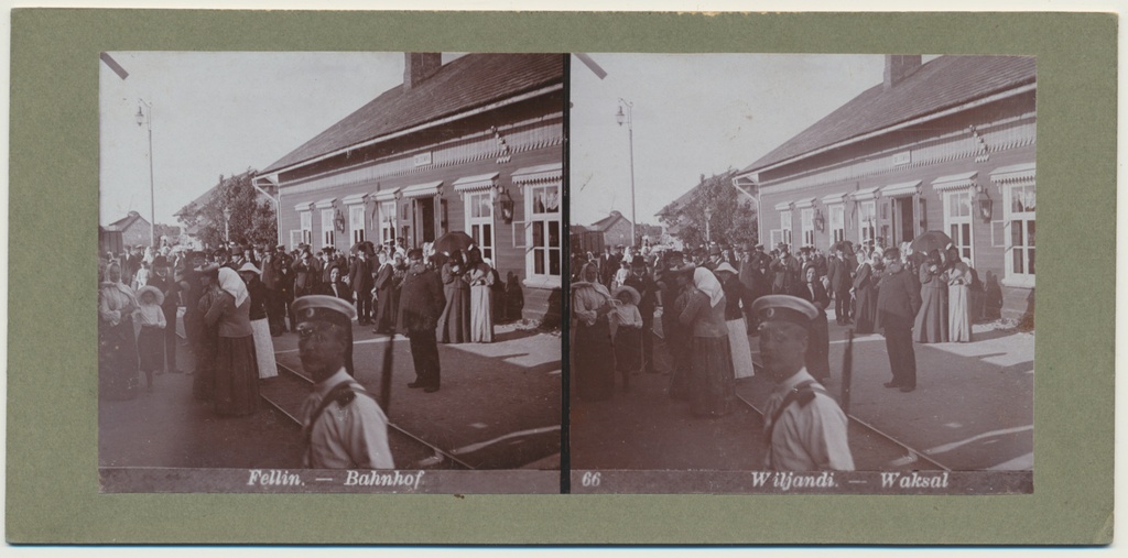 stereofoto, Viljandi, raudteejaam, jaamahoone, inimesed, u 1905