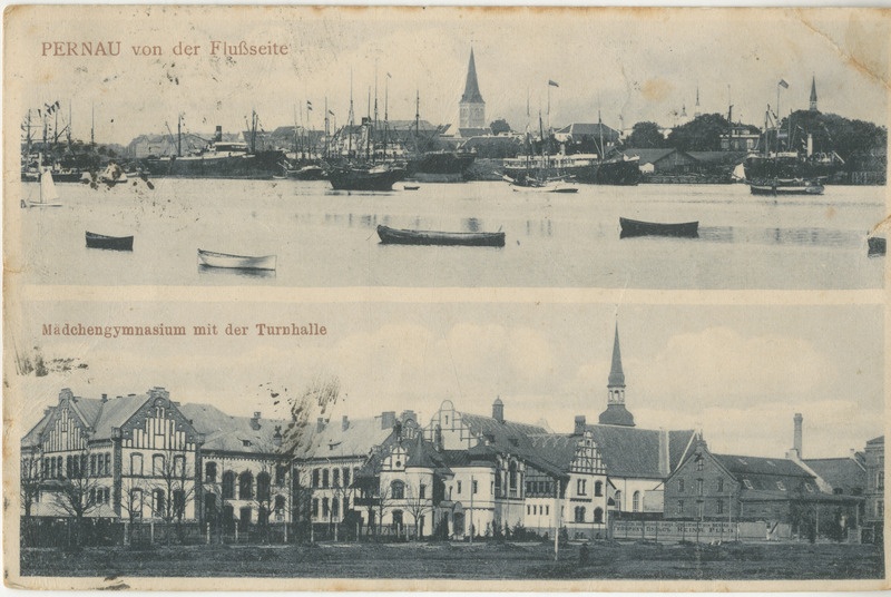 Foto. Postkaart. Kaardil kaks vaadet: ülal vaade Pärnu jõele, all tütarlaste gümnaasium koos võimlaga.