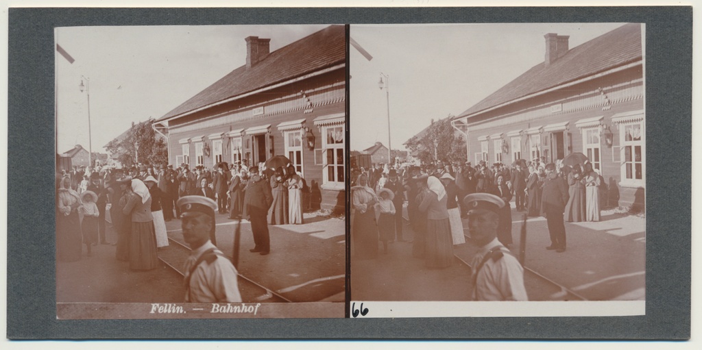 stereofoto, Viljandi, raudteejaam, jaamahoone, inimesed, u 1905
