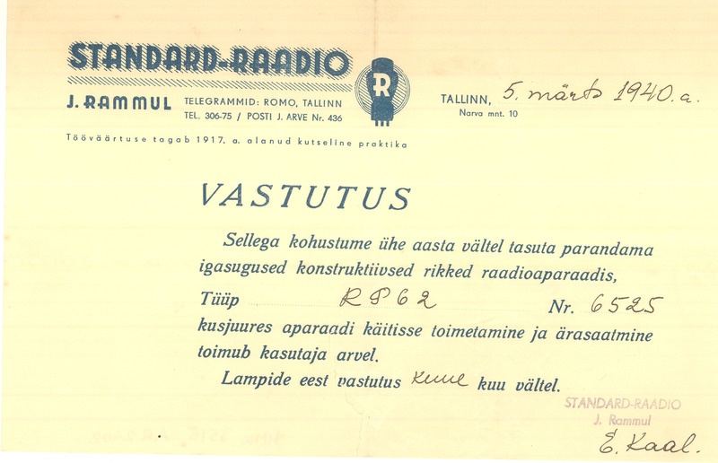 Garantiikiri. Standard-Raadio vastutus