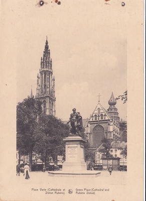 Antuérpia, Bélgica, inicio do Sec. XX, Place Verte, Cathédrale et Statue Rubens, Arquivo de Villa Maria, Angra do Heroísmo, Açores. - lang  duplicate photo