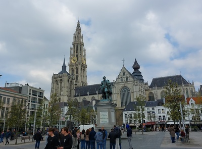 Antwerp Groenplaats, photochrom (unedited original) - Groenplaats (Green Square) in Antwerp (ca. 1890-1900). Foreground: statue of Peter Paul Rubens. Background: Cathedral of Our Lady. rephoto