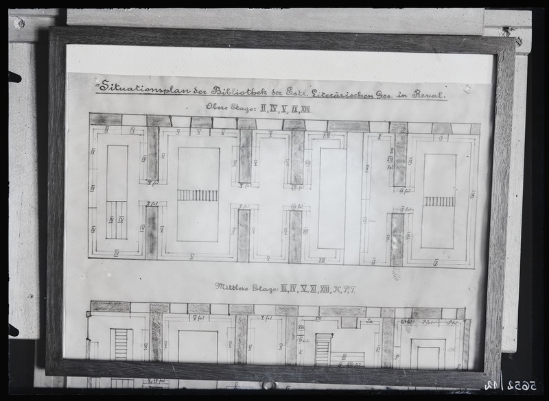 Dokumendi fotokoopia. Eestimaa Kirjanduse Seltsi Raamatukogu siseplaan, ülemine korrus.