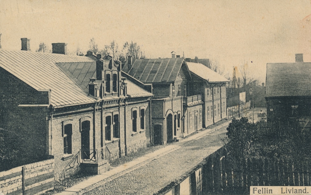 trükipostkaart, Viljandi, Projekti tn (Eha tn) u 1905, villa Kieseritzky, saksa käsitööliste seltsi maja. F J. Riet