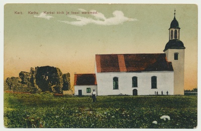 trükipostkaart, Karksi kirik ja lossivaremed u 1910, koloreeritud  duplicate photo