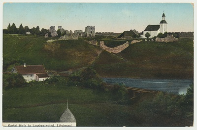 trükipostkaart, koloreeritud, Viljandimaa, Karksi ürgorg, lossivaremed, kirik, u 1910  duplicate photo