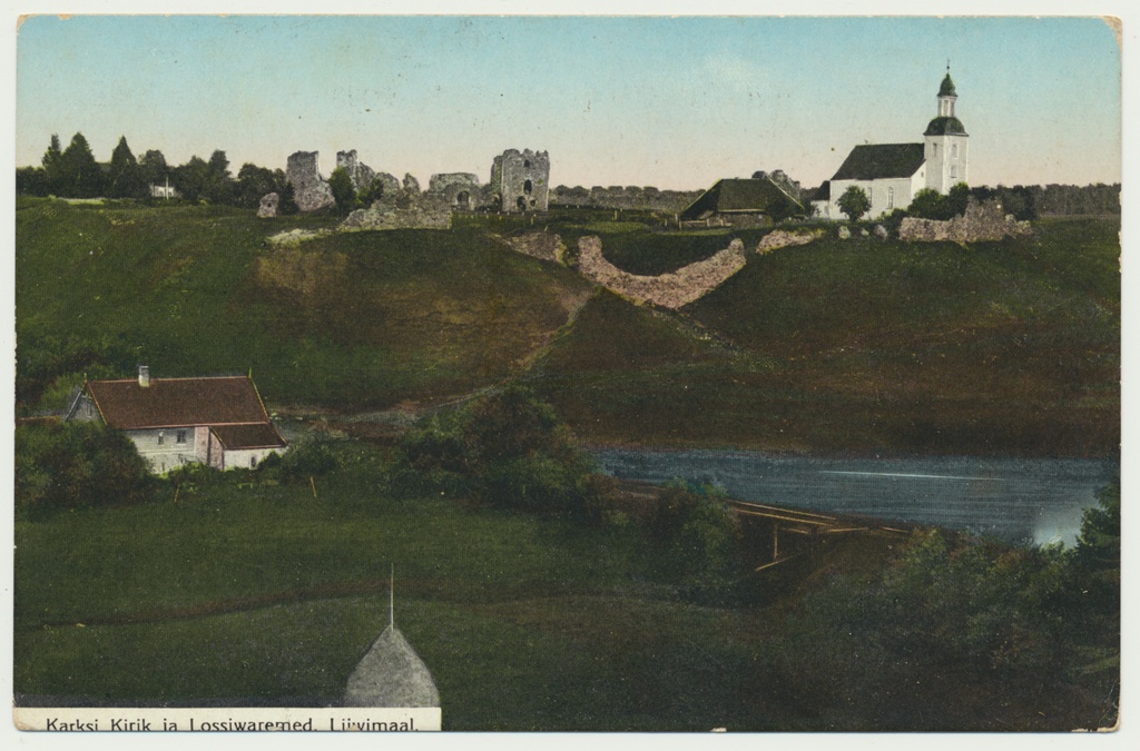 trükipostkaart, koloreeritud, Viljandimaa, Karksi ürgorg, lossivaremed, kirik, u 1910