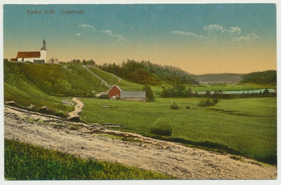 trükipostkaart, koloreeritud, Viljandimaa, Karksi ürgorg, kirik, veski, u 1910, kirjasta A. Tõllasepp  duplicate photo