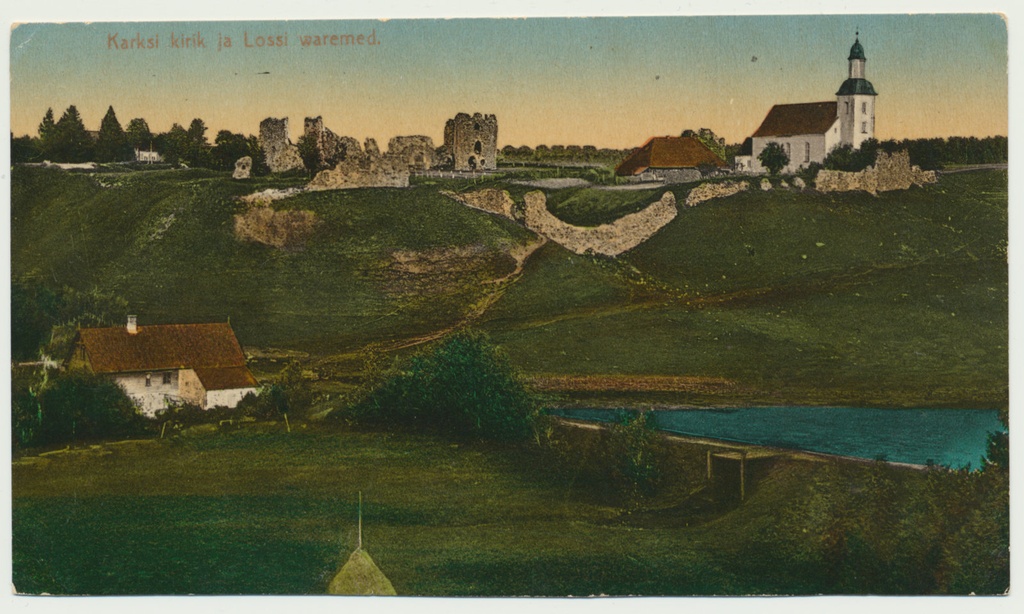 trükipostkaart, koloreeritud, Viljandimaa, Karksi ürgorg, lossivaremed, kirik, veski, u 1910, kirjastaja A. Tõllasepp