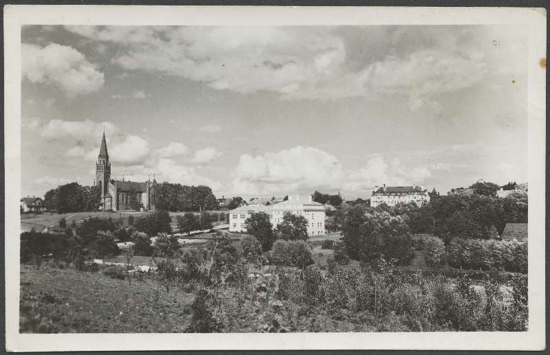 fotopostkaart, Viljandi, Valuoja org, aiand (A. Kelch), kool, Pauluse kirik, u 1938